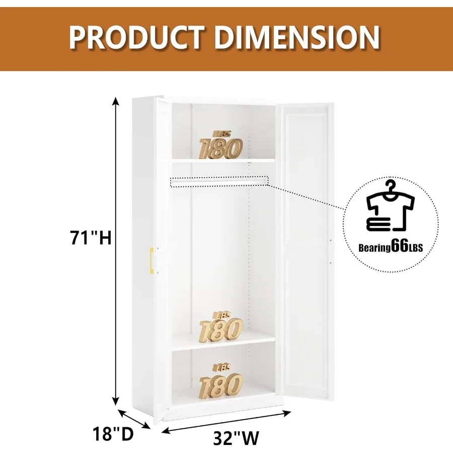 71 Tall Freestanding Metal Armoire Wardrobe Closet with Doors and Shelves for Bedroom Storage Large Capacity Hanging Closet wit