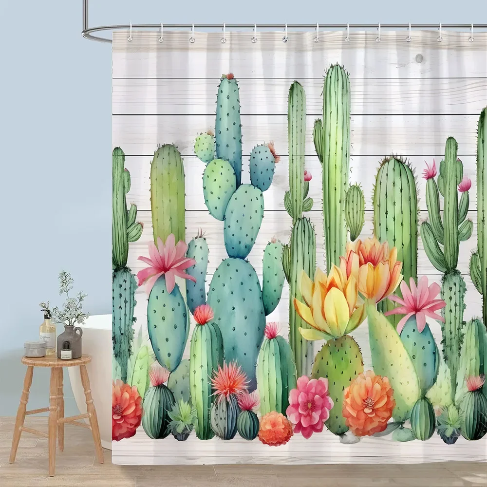 Cactus Watercolour Print Shower Curtain Desert Green Plants Rustic Planks Bohemian Vintage Shower Curtains Bathroom Home Decor