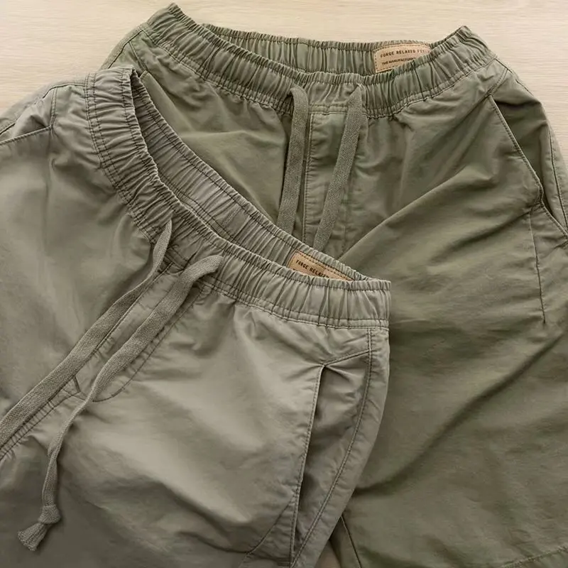 Men Elastic Drawstring Waist Washed Cotton Casual Shorts Knee Length Relax Fit Cargo Shorts Multi Color Side Pockets