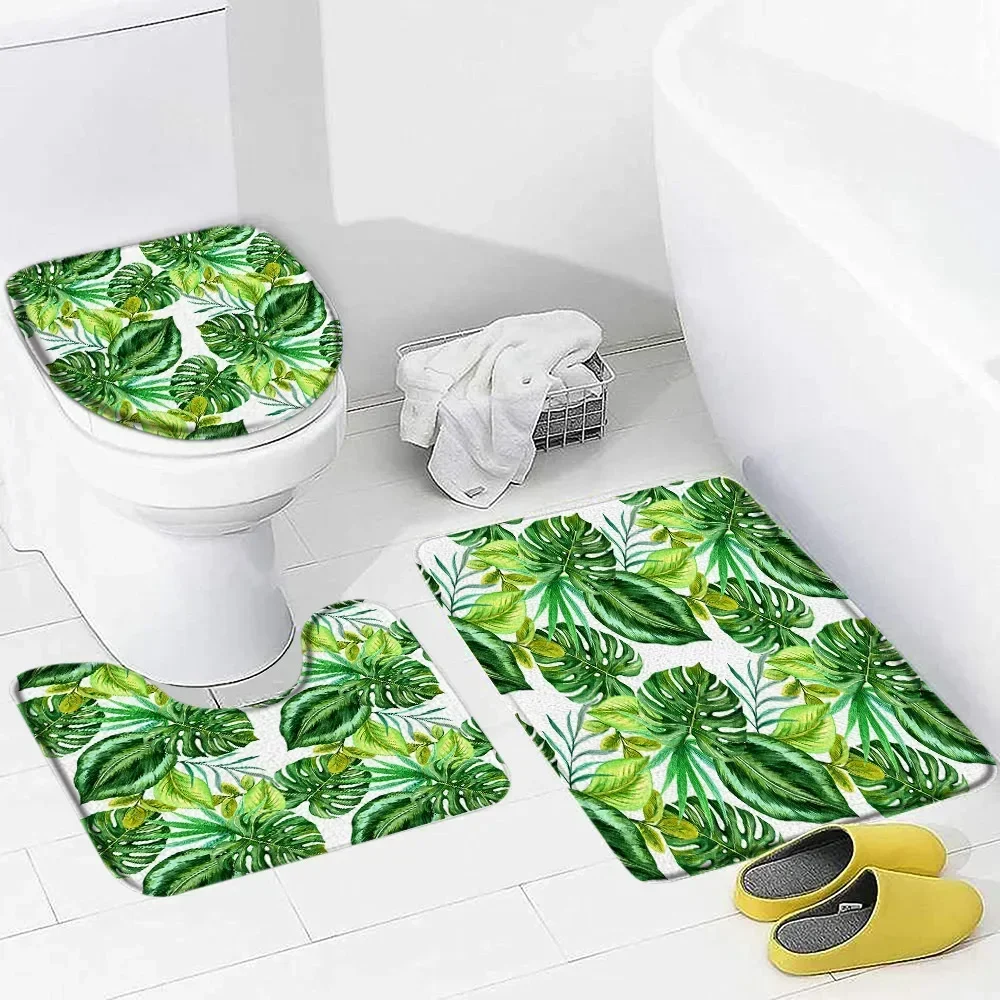 Tropical Leaves Bath Mat Set Watercolour Palm Leaf Monstera Plant Home Floor Carpet Bathroom Decor Non-Slip Rug Toilet Lid Cover