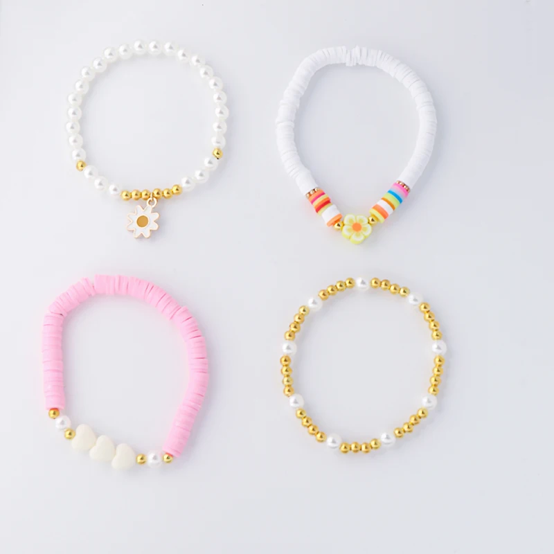 HI MAN 4 Pcs/Set White Flower Pendant Pearl Bead Soft Pottery Bracelet Bohemian Handmade Daily Occasion Popular Accessory