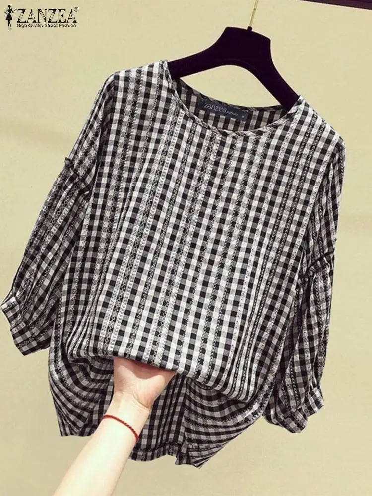 2024 ZANZEA Women O Neck 3/4 Sleeve Blouse Summer Autumn Checked Shirt Female Loose Holiday Tops Oversize Casual Work Blusas