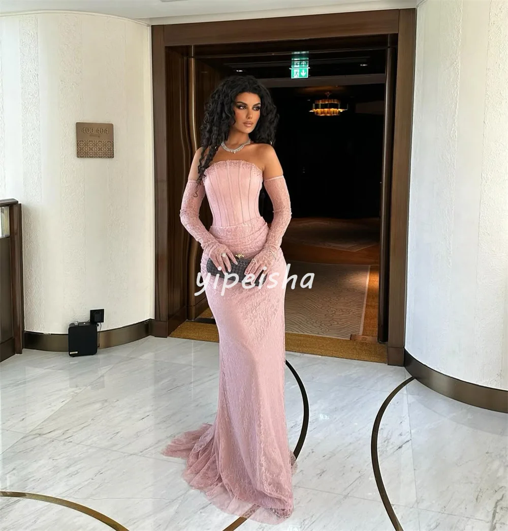 Customized Modern Style Matching Lace Ruched Mermaid Strapless Long Dresses Bespoke Occasion Dresses Sizes Available Elegant