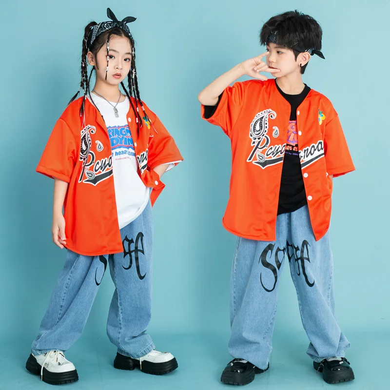 Kids Hip Hop Costume Orange Cardigan Baggy Pants Girls Street Dance Clothing Boys Kpop Costume Jazz Stage Show Wear 6 8 10 12 Y