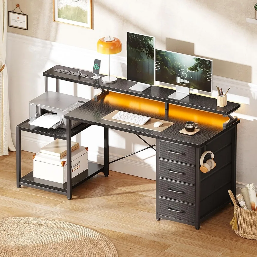 مكتب ألعاب كمبيوتر مقاس 55 بوصة مع منافذ طاقة و4 أدراج، مكتب منزلي مع حامل شاشة وأرفف طابعة، أسود