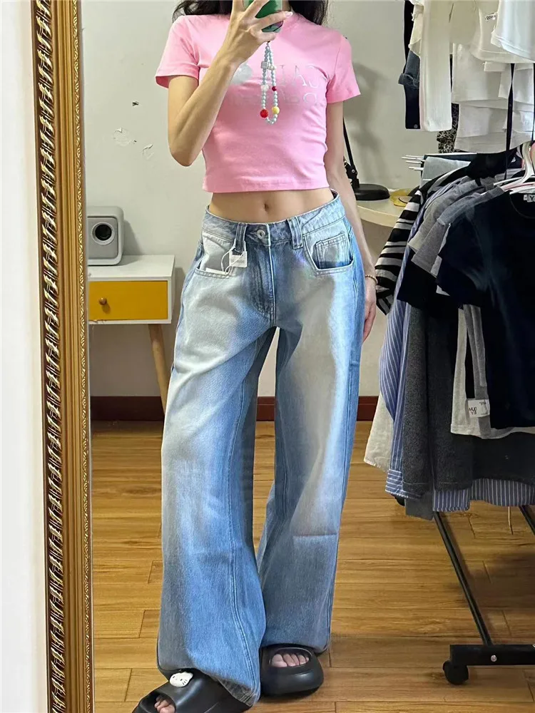 

American Style Low Waist Wide Leg Jeans Women Loose Slim Tall Extended Hot Girl Blue Dragging Pants Summer Casual Jeans
