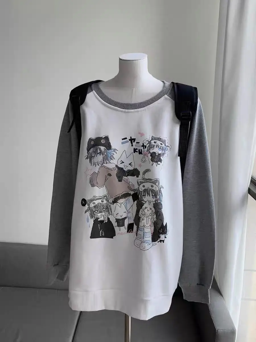 Patchwork Contrast Cartoon Print Hoodies Vintage Casual Women Y2k Aesthetic Tops Harajuku Grunge Japanese Kawaii Sweatshirts