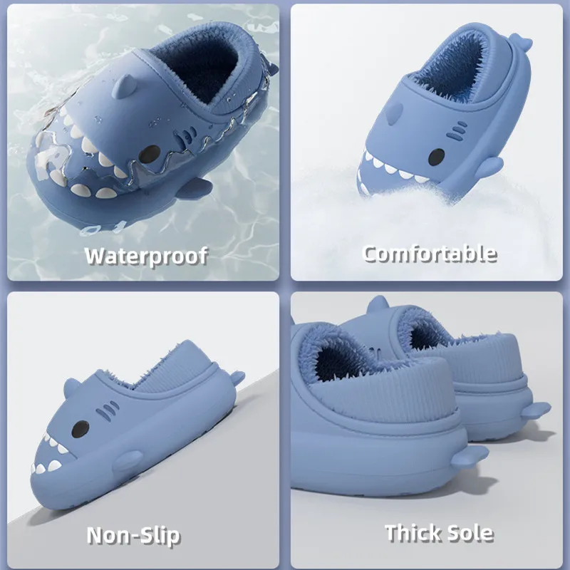 New Shark Slippers Women Men Winter Warm Plush Cartoon Shark Slides Home Furry Flats Outdoor Platform Waterproof Cotton Shoes