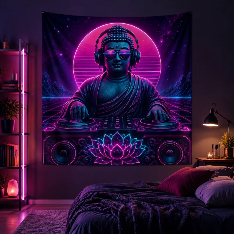 VIKAMA DJ Buddha Neon Tapestry Retro Synthwave Buddha Headphones Turntable Lotus Wall Hanging Gaming Room Bar Decor Cloth