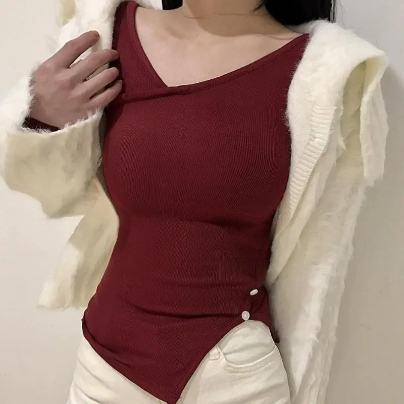 T-shirt lunga Sve V-Ne slim fit Strato base da donna irt Coreano Sle Autunno Faion Miscela di cotone confortevole e traspirante