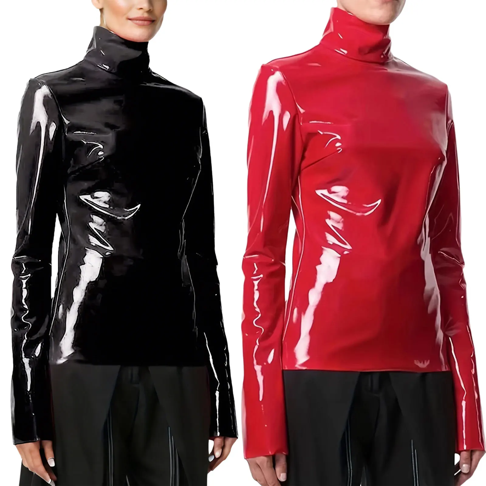 Women Glossy PU Leather Shirts Raves Party Top Turtleneck Long Sleeve Back Zipper T-shirt Catsuit Top for Club Music Festival - view 6