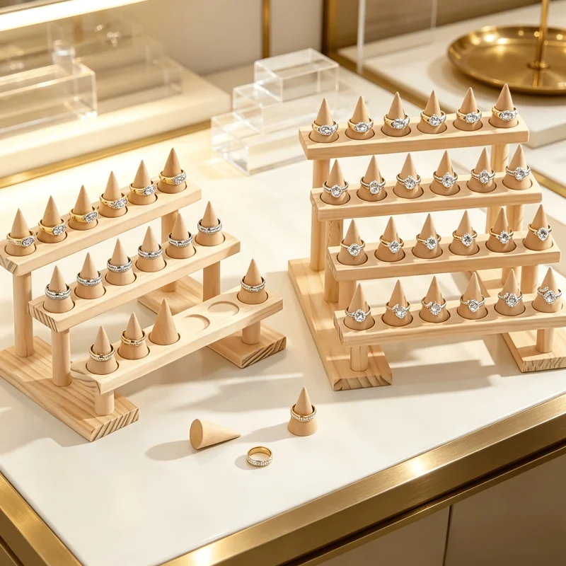 Présentoir en bois pour bagues, support de présentation de bijoux, vitrine avec 12 cônes de rangement en bois pour bagues, organisateur de rangement.