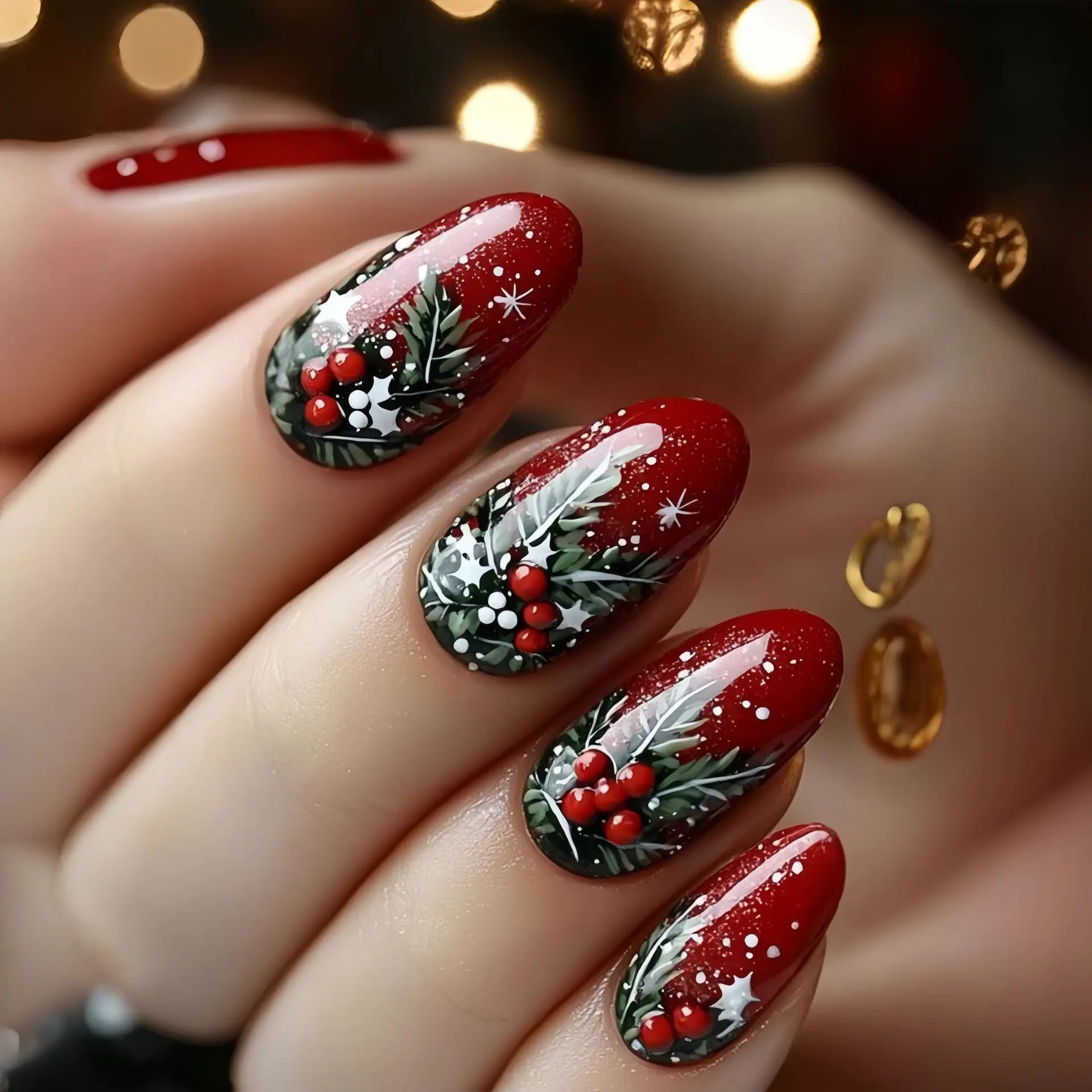 

24pcs Red Glitter Press on Nails Christmas Round Head Almond False Nails Tips Fashion Leaves Pattern Short Oval Fake Nail Sets
