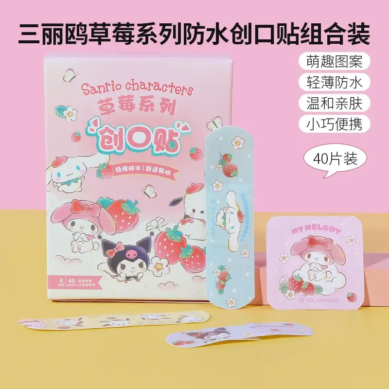 Miniso 40Pcs Hello Kitty Strawberry Bandages Kit Band Sanrio Anime Waterproof Adhesive Wound Plaster First Aid Emergency Sticker