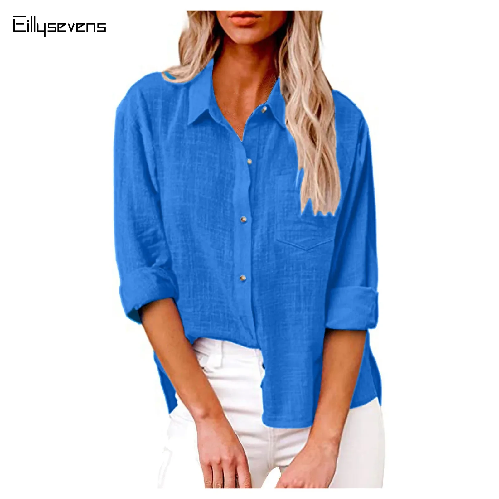 Camisas elegantes de lino y algodón para mujer, Blusas informales con solapa y botones, Blusas holgadas de manga larga para verano y otoño