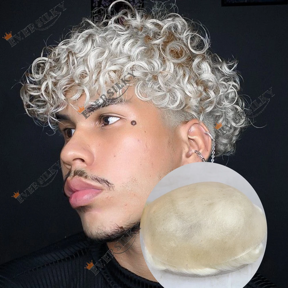 Unentdeckbare 28mm Locken # 550 1b80 Grau-Blond Micro 0,06mm Skin Vloop Echthaar-Toupet für Männer, Haarprothese, Haarteil – Detail 3