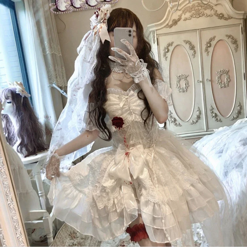 Japanese Victorian Gothic Lolita Dress Elegant Women Cute Lace Mesh Kawaii Fashion Rose Dresses White Girls Sweet Wedding Dress