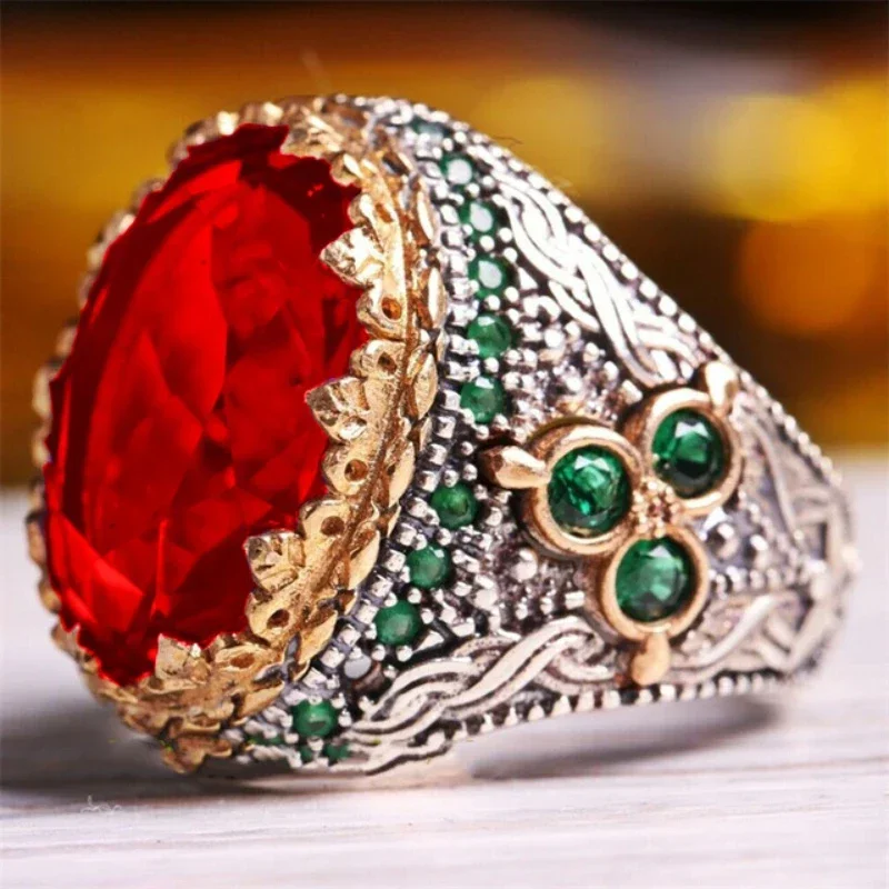 2025 New Inlaid Red Emerald Men\'s Ring Turkey Retro Domineering Personality Ring To Attend The Banquet High-quality Jewelry