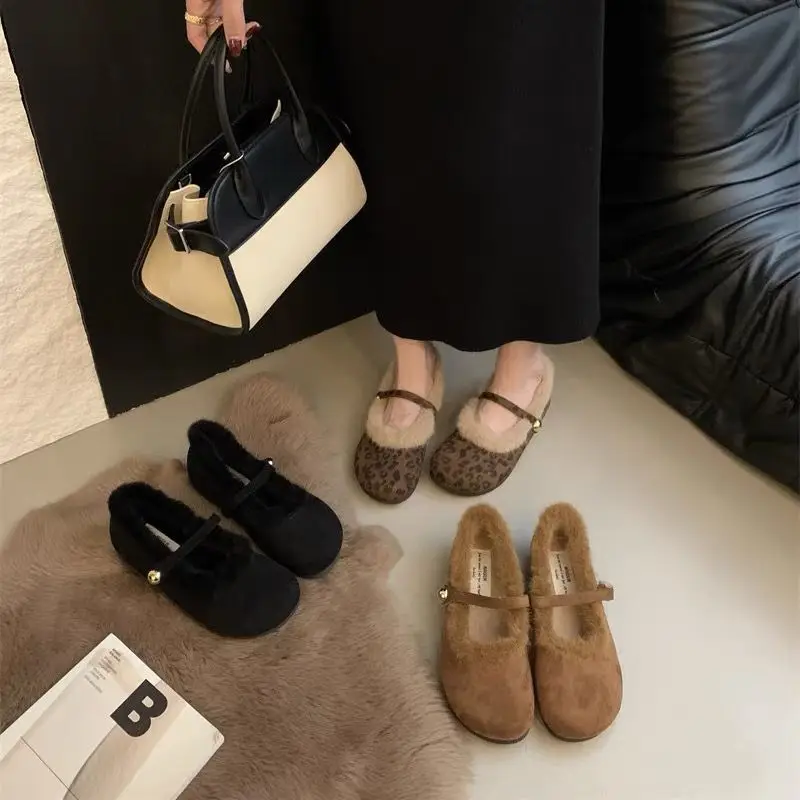 New Style Elegant Buckle Strap Fur Mary Jane Shoes Woman Cosy Soft Fluffy Ballet Flat Ladies Plush Shallow Loafers Concise Dress