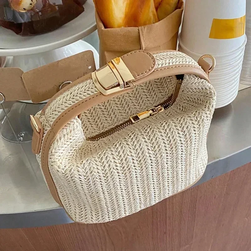 

Summer Woven Bucket Bag Small Straw Handbags Large Capacity Trendy Single Shoulder Bag Adjustable Strap Girls Casual Tote Bag