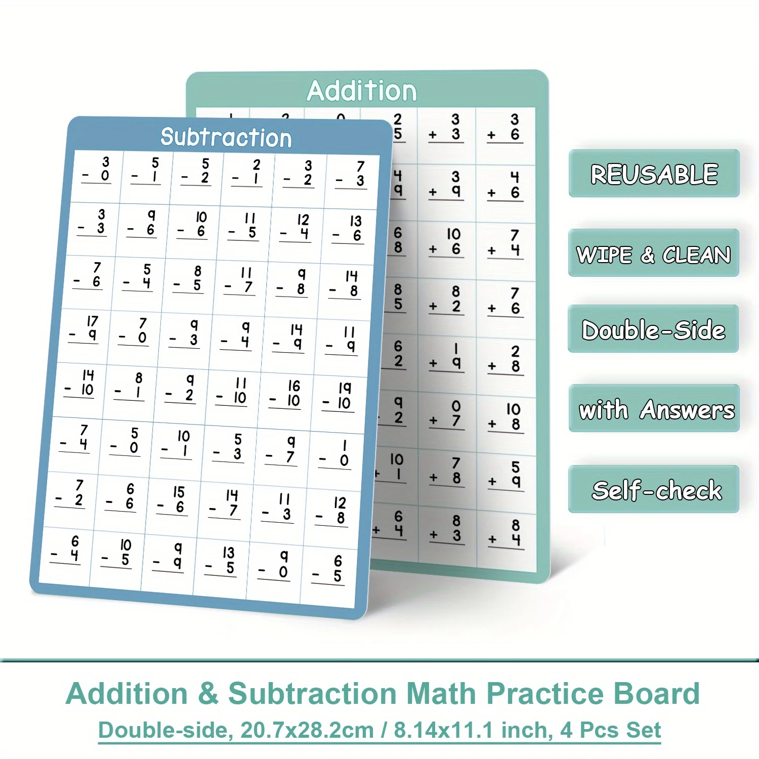 

4Pcs Digit 0-10 Addition & Subtraction Math Learning Chart Homeschool Dry Erase Vertical Calculation Practice Posters for Kids