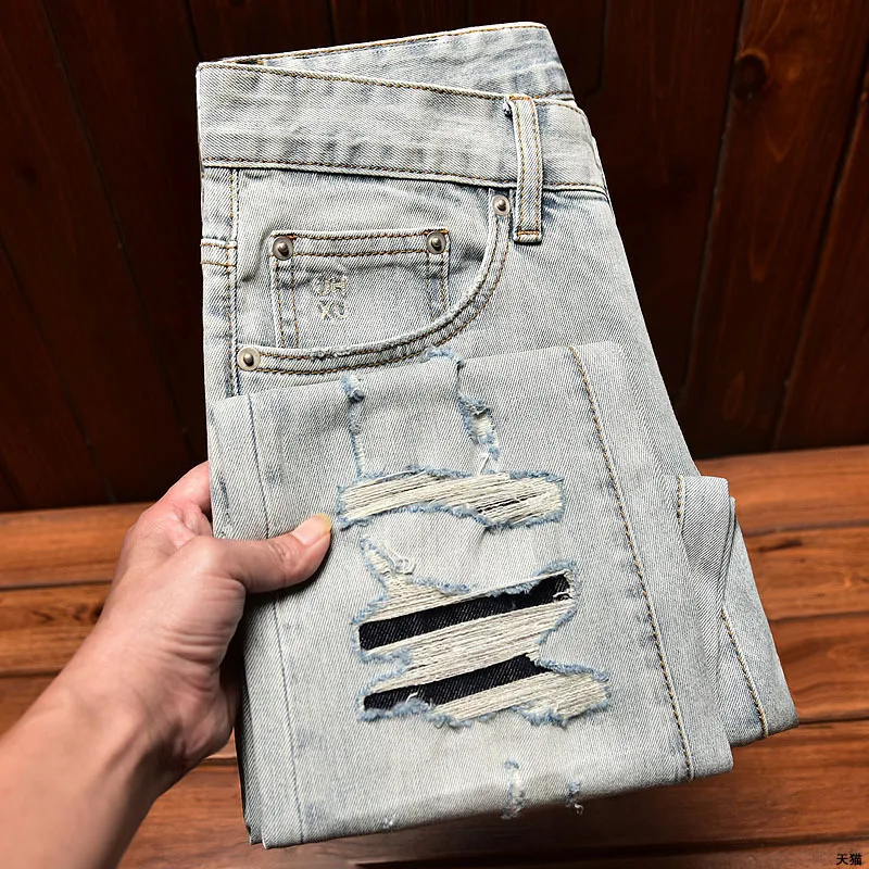 Zerrissene Vintage Jeans Herren gewaschen trend ige helle Röhren hose Herren lässig Stretch Mode Motorrad hose