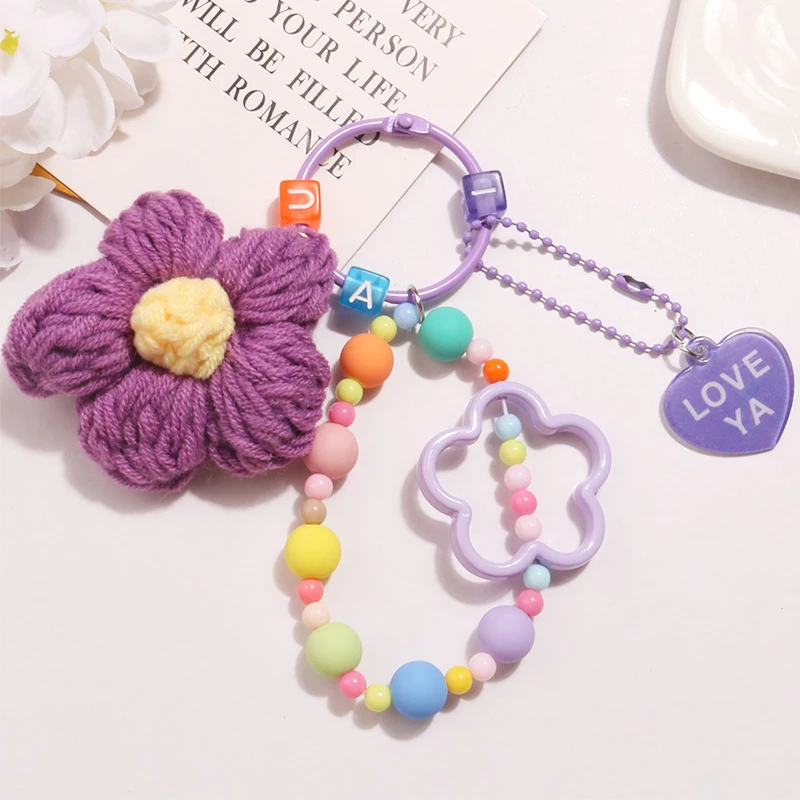 Sweet Korean Style Keychain Colorful Beaded Chain Keyrings Creative Crochet Flower Keychain Accessories For Cellphone Pendant