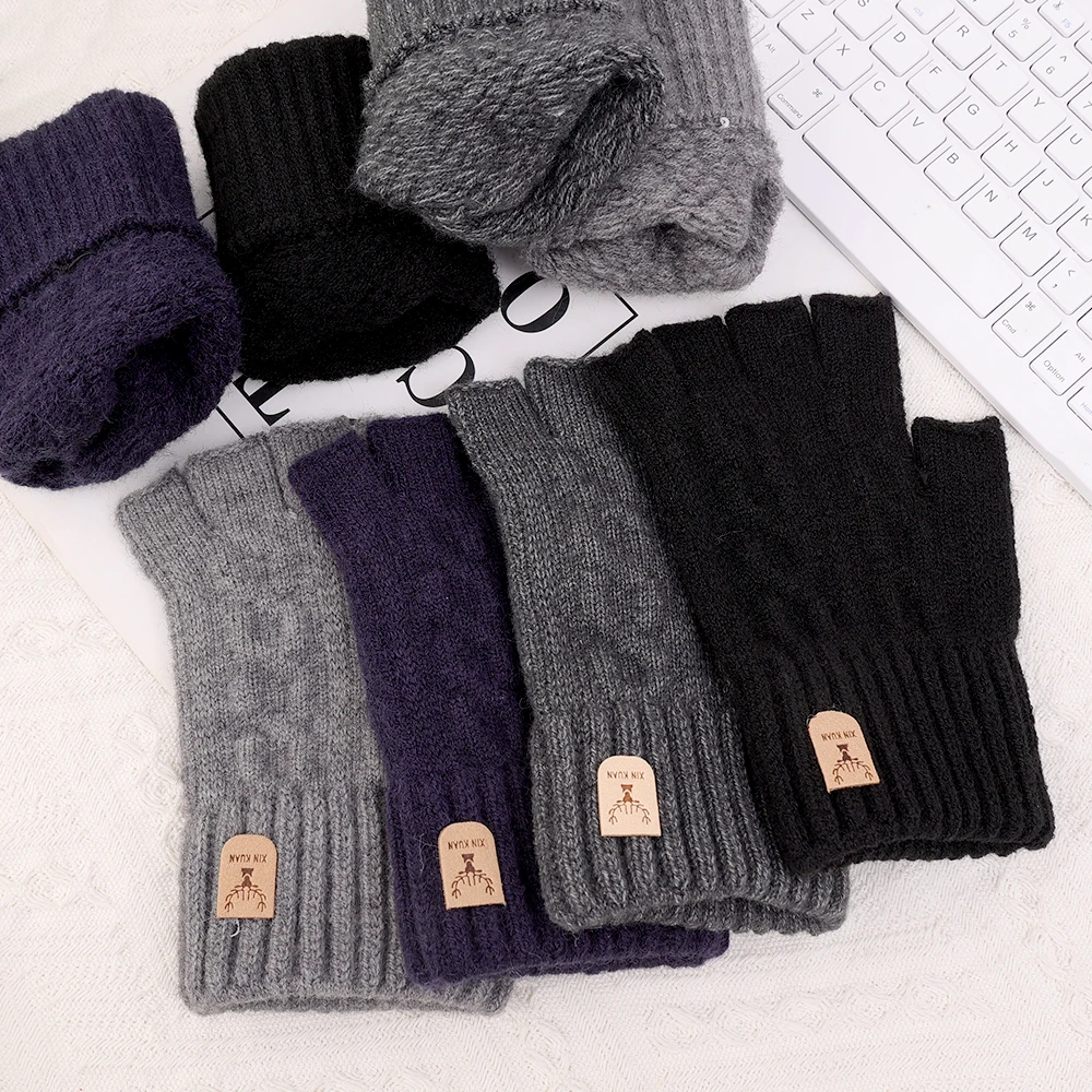 Thick Wool Winter Fingerless Gloves for Men Half Finger Writting Office Knitted Warm Label Thick Elastic Outdoor Driving Gloves