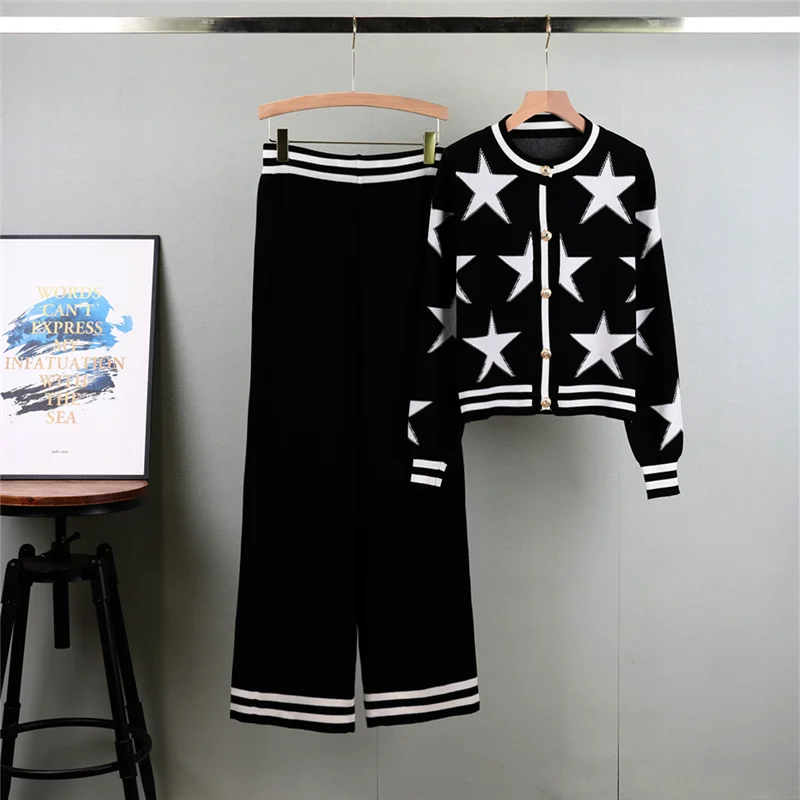 Korean Autumn Knitted Pants 2 Piece Set Fashion Long Sleeve O Neck Short Cardigan Casual Elegantes Wide Leg Pantalones Outfits