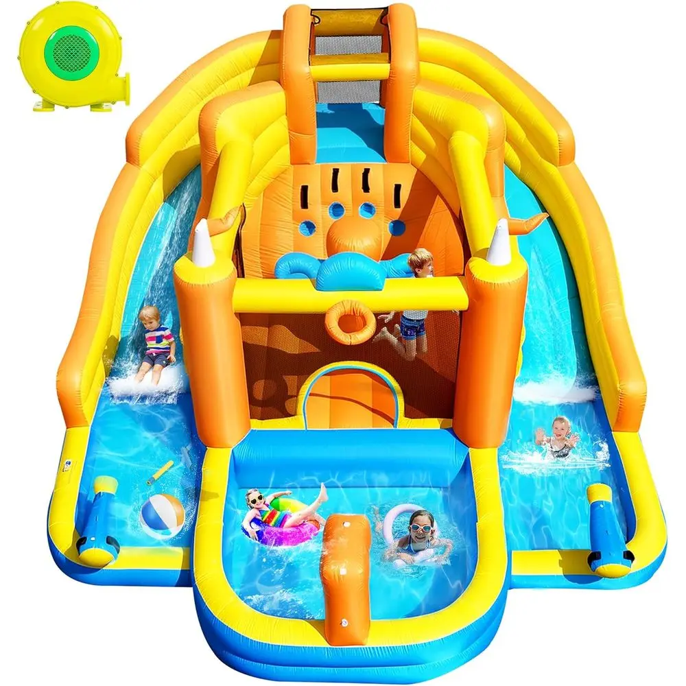 สไลเดอร์น้ำเป่าลมขนาดใหญ่พิเศษ 15x13 ฟุต พร้อมสไลเดอร์คู่, เครื่องเป่าลม 750 วัตต์, ผนังปีนป่าย, สระน้ำเล่นน้ำ, ขอบสระแบบตะกร้า