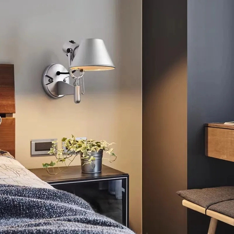 LED Nordic Simple Mode Creative Besidebed Wall Lamp Pretty Girl Bedroom Work Rocker Arm Joint with Switch Straw Hat Wall Light