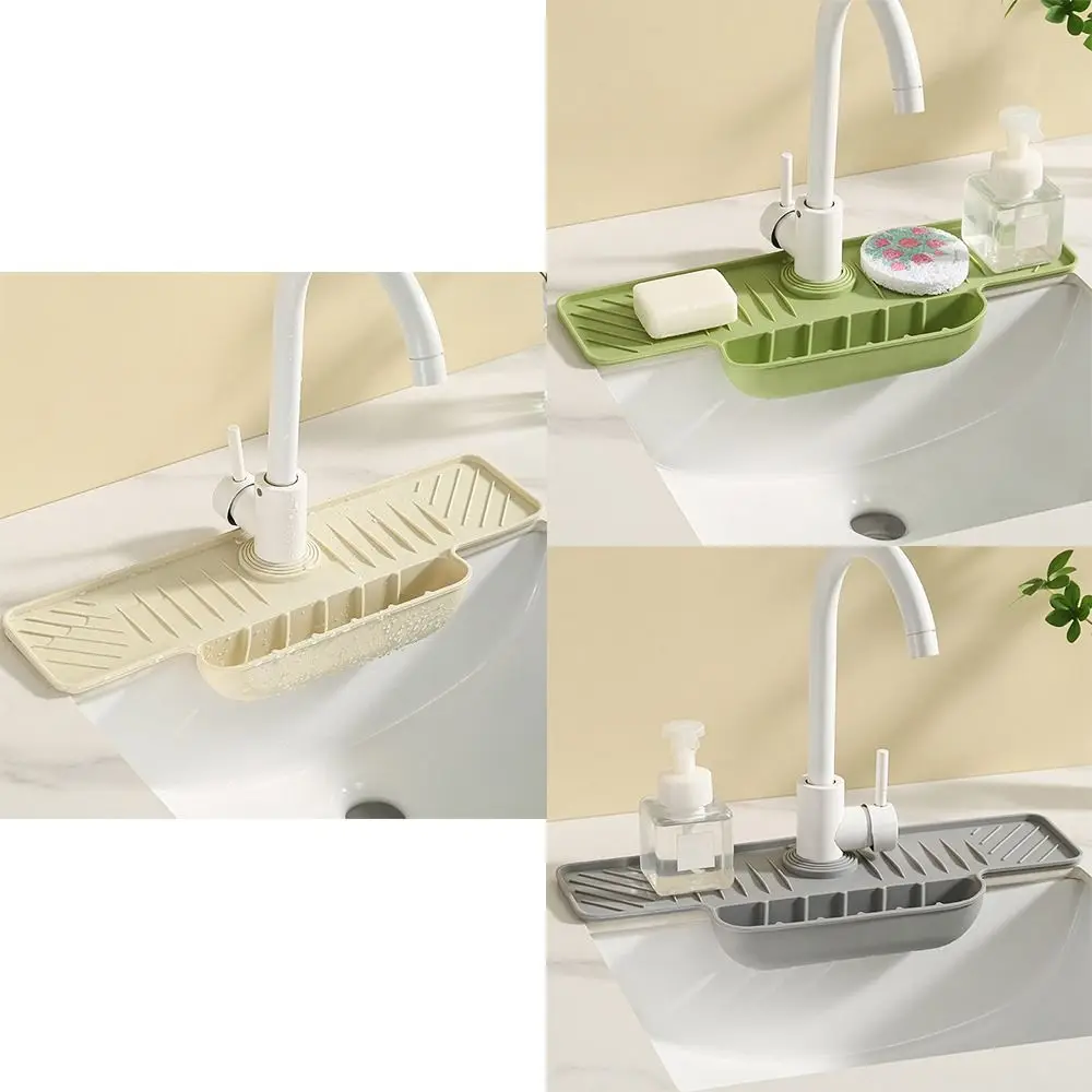 

New Silicone Kitchen Faucet Mat with Sponge Holder Durable Faucet Water Catcher Tray Splash Proof Drain Mat Bathroom