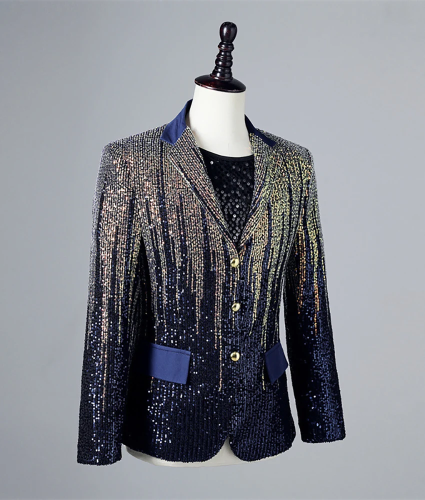 Luxury Gradient blue sequin leisure men's suit jacket, Shining dance outfit High Quality Wedding Party Dress Celebrity Gowns