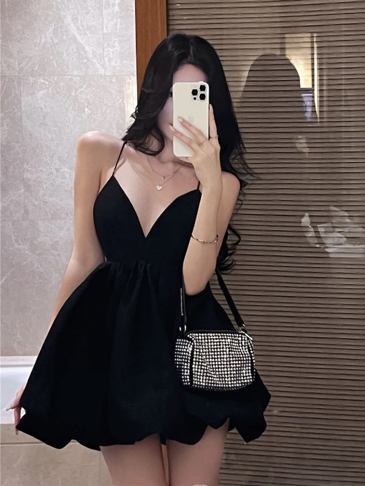 V-neck Mini Dress Women French Style Sweet Temperament Vintage Black Chic Sexy Fashion A-line Summer Backless Aesthetic Vestidos
