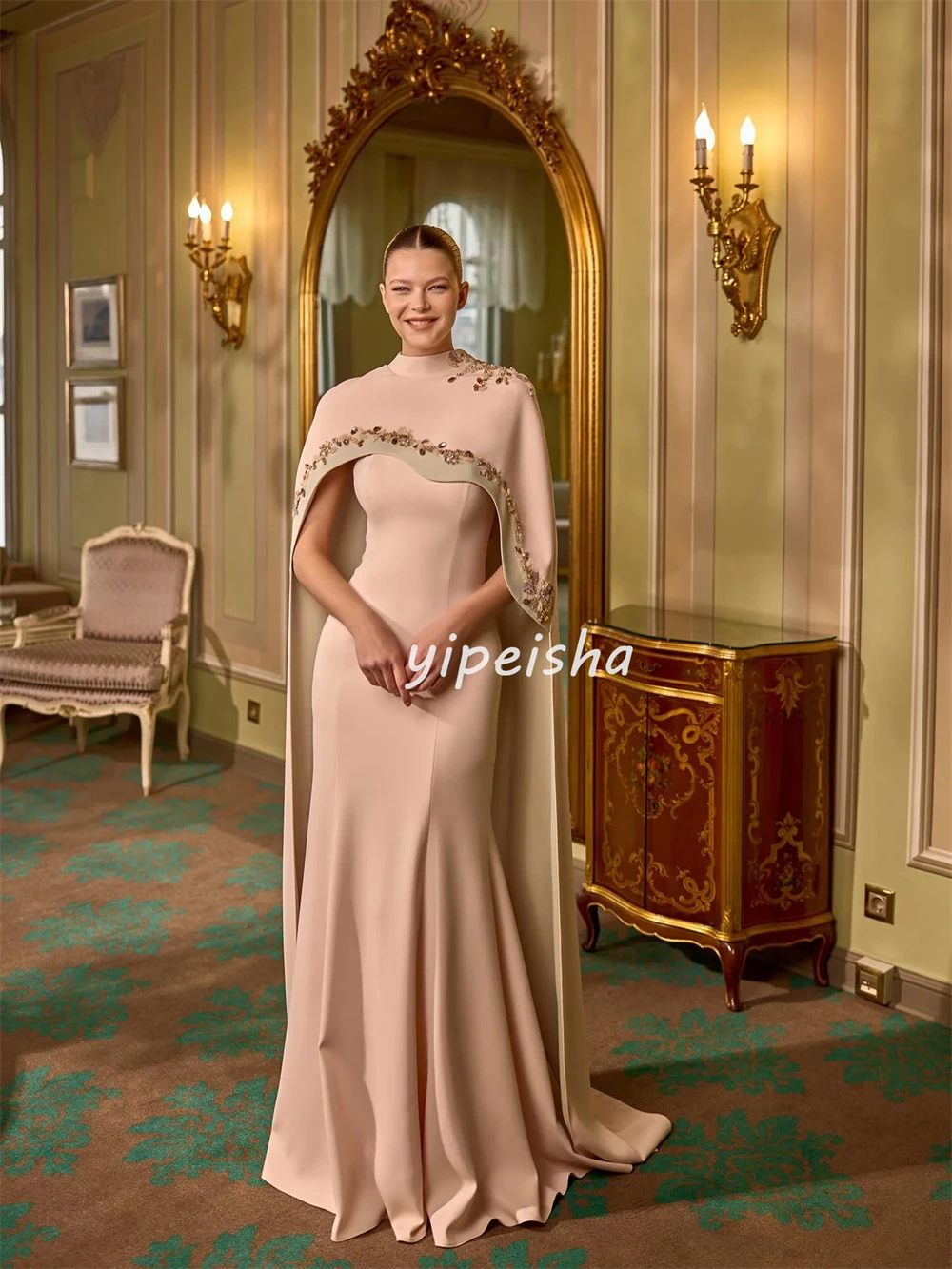 Customized Modern Style Women Jersey Handmade Flower Rhinestone Mermaid Evening Dresses Formal High Collar Sleeveless Party Gown image 3