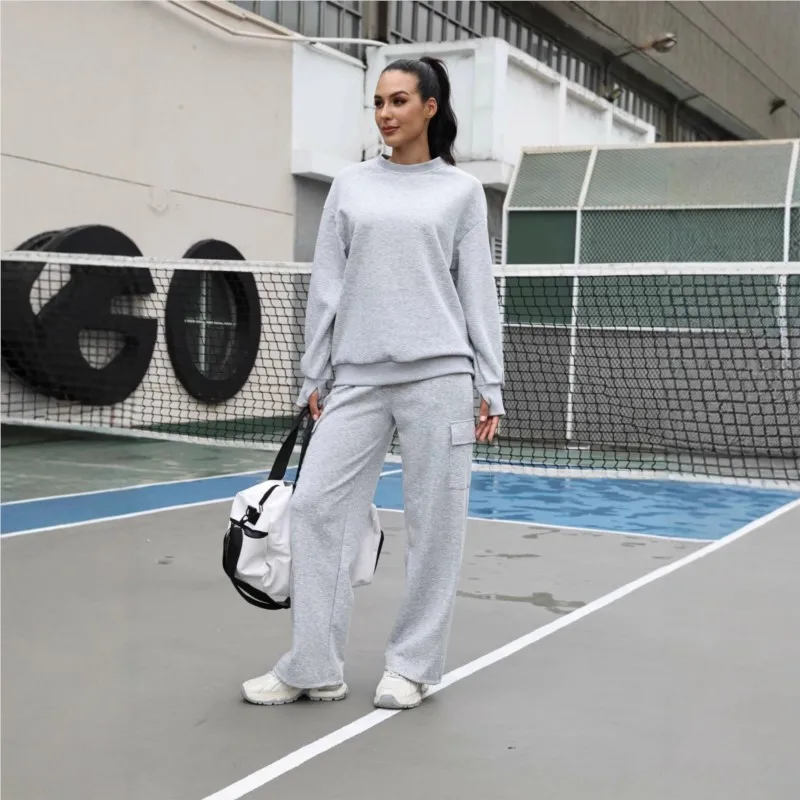 

Осенне-зимний модный спортивный костюм, повседневный однотонный свободный свитшот с круглым вырезом и длинными рукавами, широкие брюки, комплект из двух предметов