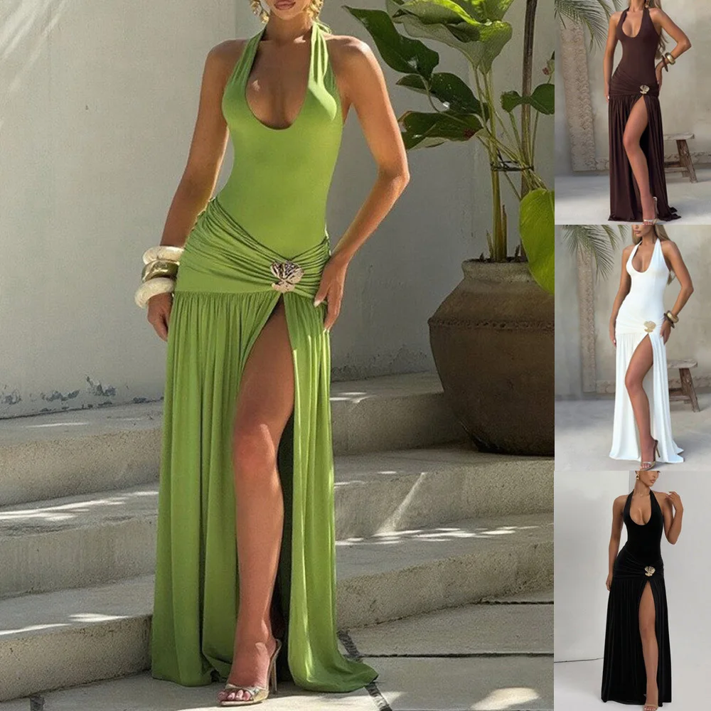 

Dress Women Halter Neck Backless Dresses Spring Summer Solid Color Slit Sexy Slim Fit Evening Maxi Gown