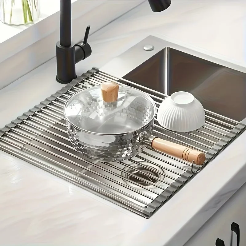 1pc Foldable Stainless Steel Dish Drainer Roll Up Dish Drying Rack Shelf Kitchen Sink Holder Organizer Bowl Tableware Plate view 3