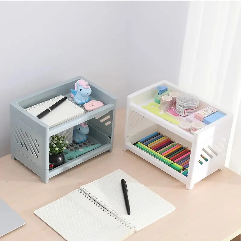 1PC PP Desktop Double Layer Storage Rack Rectangular White Organizing Student Desk Office Cosmetics Stationery