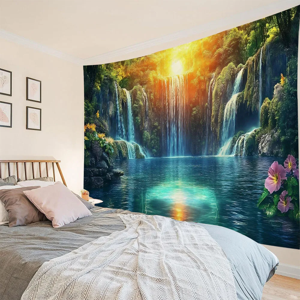 Tapiz de cielo de bosque rojo, cascada de jungla, colgante de pared, decoración artística bohemia para el hogar, Mural de tela, póster de fondo