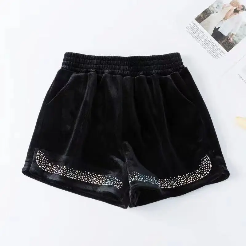 Golden Velvet Shorts for Women Spring Autumn New Elastic Waist Loose All-match Casual Wide Leg Shorts Vintage Fashion Clothing