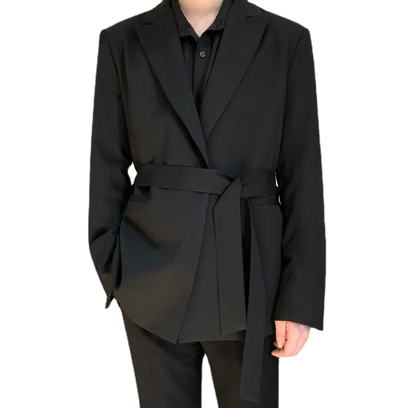 2024 Autumn Casual Black Suit Loose Coat Self-cultivation Trend Handsome Small Blazers with Belt Design