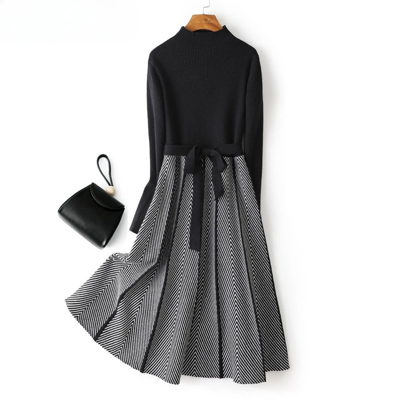 

Korean Belted Pleated Knitted Dress Autumn Winter Women Elegant Half Turtleneck Sweater Dresses Casual Midi Vestidos Mujer F264