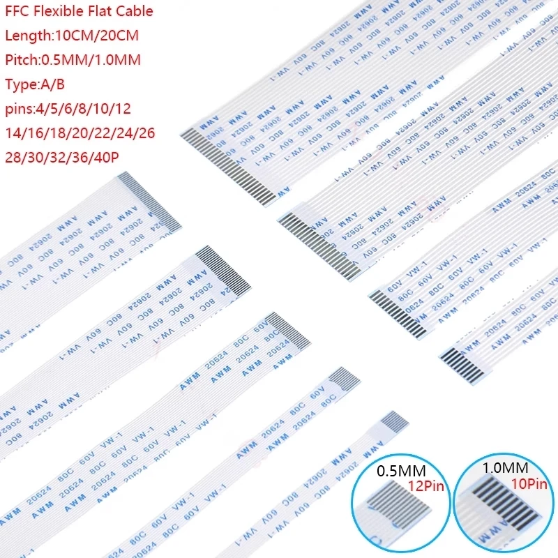 

10Pcs FPC/FFC Ribbon Flexible Flat Cable 0.5MM Pitch 4 5 6 8 10 12 14 16 18 20 22 24 26 30 32 34 36 38 40 45 50 54 60 Pin