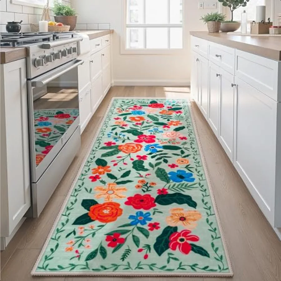Hallway Runner Rug Washable 2'6''x8' Non Slip Kitchen Rug with Rubber Backing Soft Boho Floral Floor Carpet Runners for Entrywa