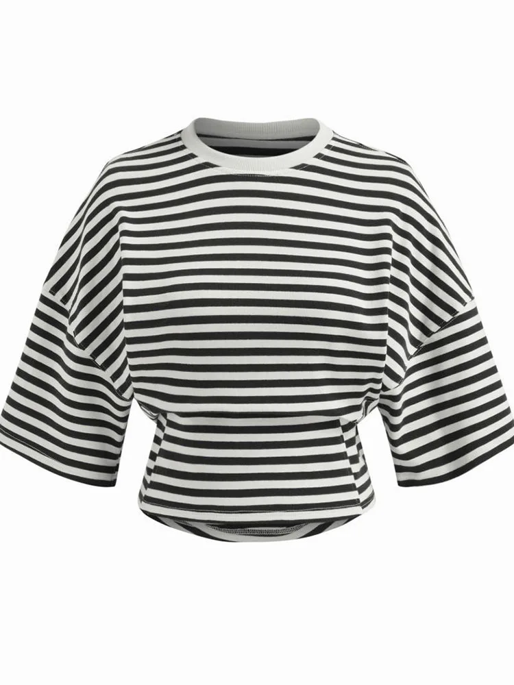 Julissa mo impresso listrado em torno do pescoço camiseta feminina verde manga curta casual y2k camiseta feminina outono fino elegante streetwear