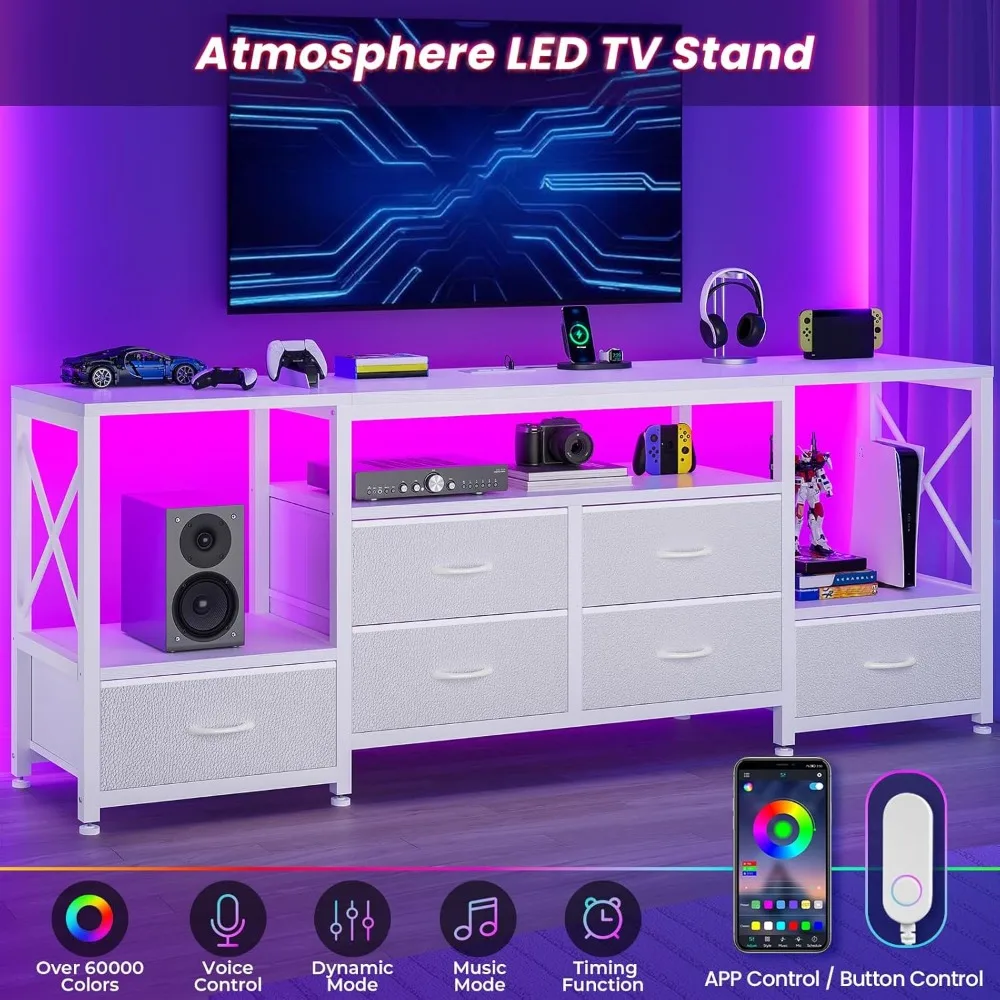 مركز ترفيه بحامل تلفزيون مقاس 75 بوصة مزود بمصابيح LED ومنافذ طاقة، وطاولة وحدة تحكم 63 على الطراز الصناعي مع 6 أدراج من البولي يوريثان #4