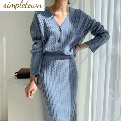 Fried Dough Twists V-neck Knitted Cardigan Sweater Slim Skirt Two Piece Elegant Women's Dress Set Party Sexy Dress