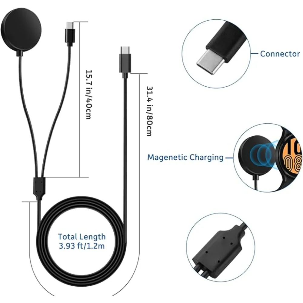 2-in-1 charger for Samsung Galaxy Watch 7/6/5/5 Pro USB-C smartwatch and smartphone charger replacement charging base cable