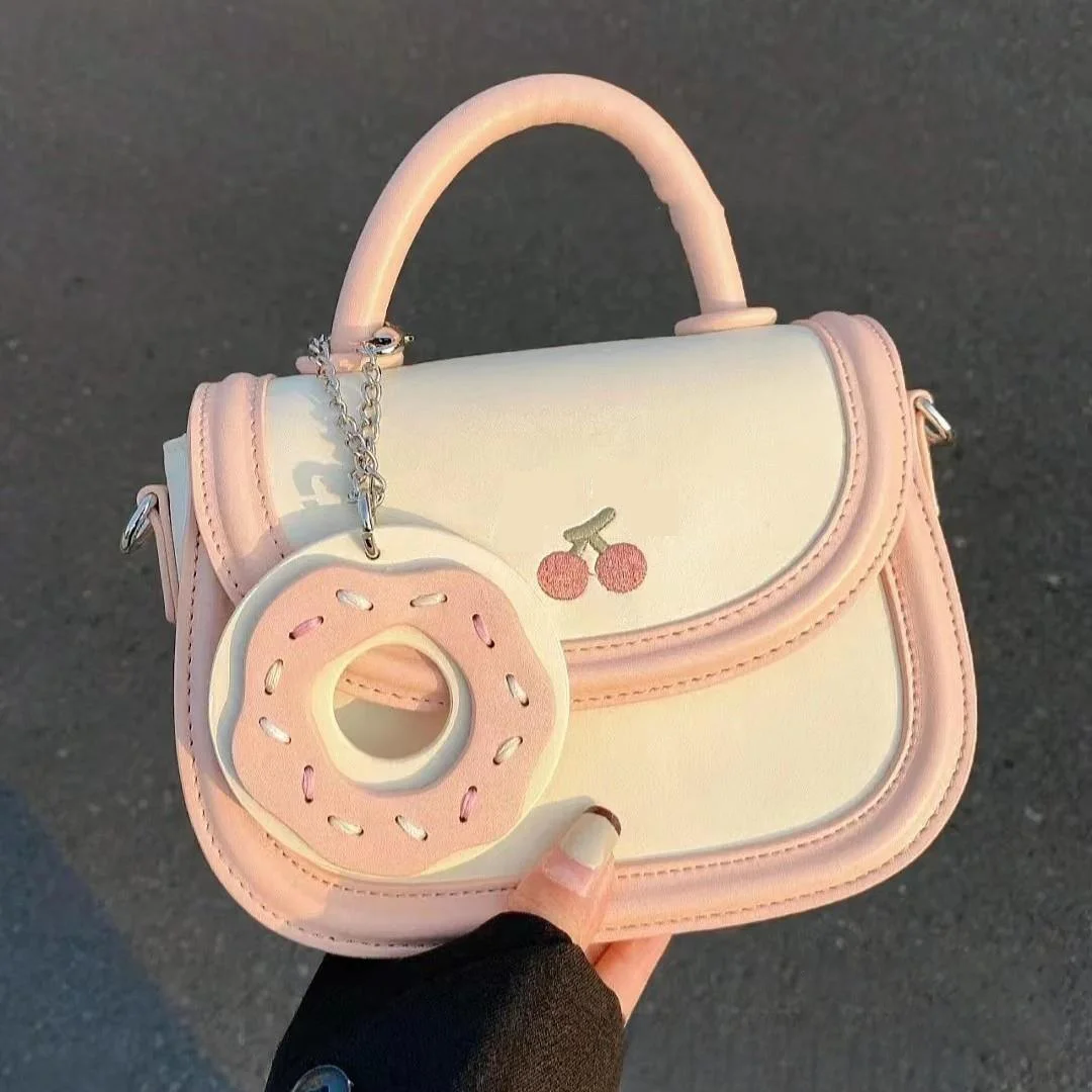 Cute Summer Girl Crossbody Bag 2023 New Cherry Donut Decorative Sewing Thread Style Pink Blue PU Leather Handle